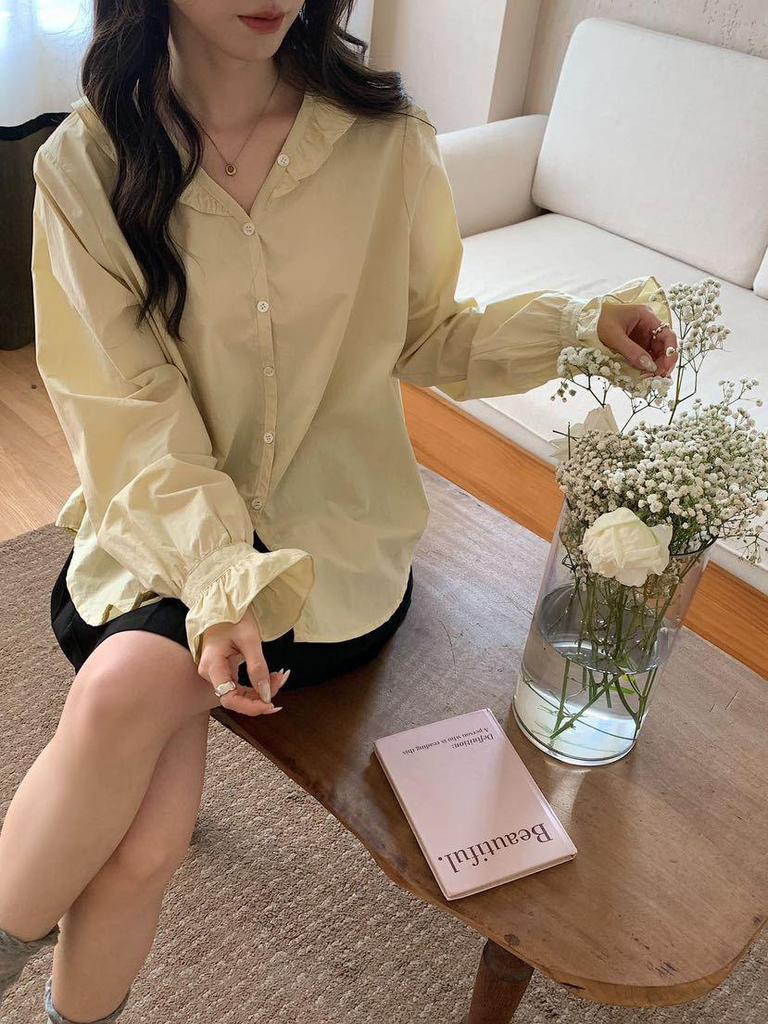 Korean Style Elegant Ruffle V-Neck Loose Long Sleeve Shirt for Women - New Spring Arrival