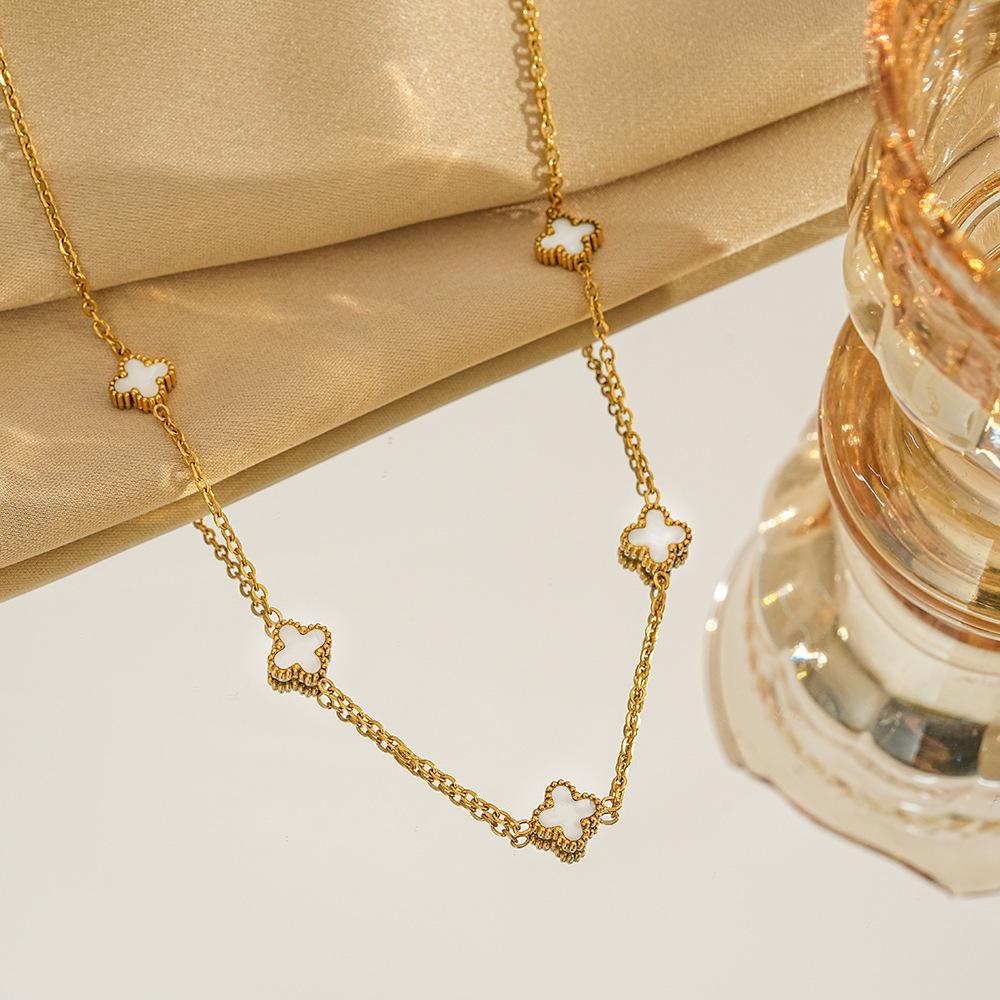 Double Sided Shell Necklace with Four Leaf Clover and Five Flower Mother of Pearl Collarbone Chain, 18K Gold High-end Necklace