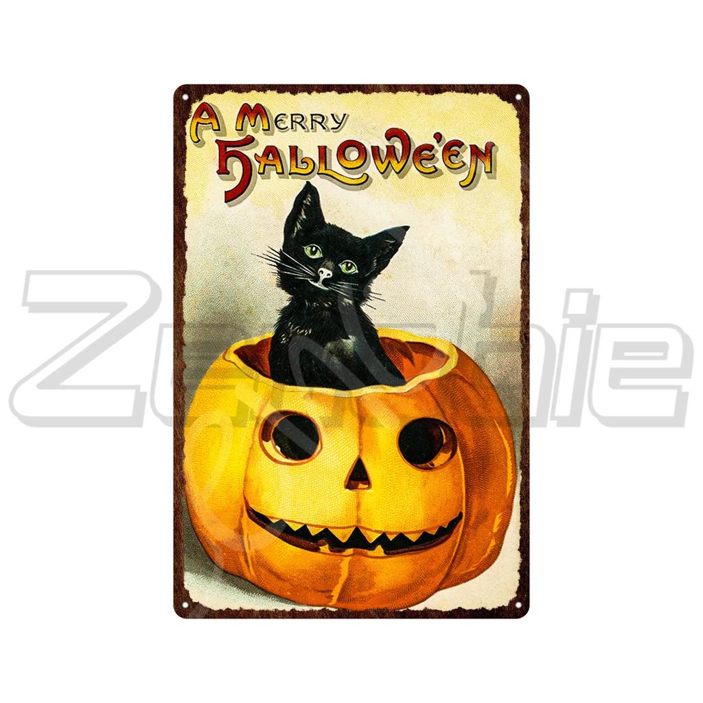 Vintage Halloween Black Cat Witch Magic Retro Metal Tin Signs Spooky Home Wall Decor
