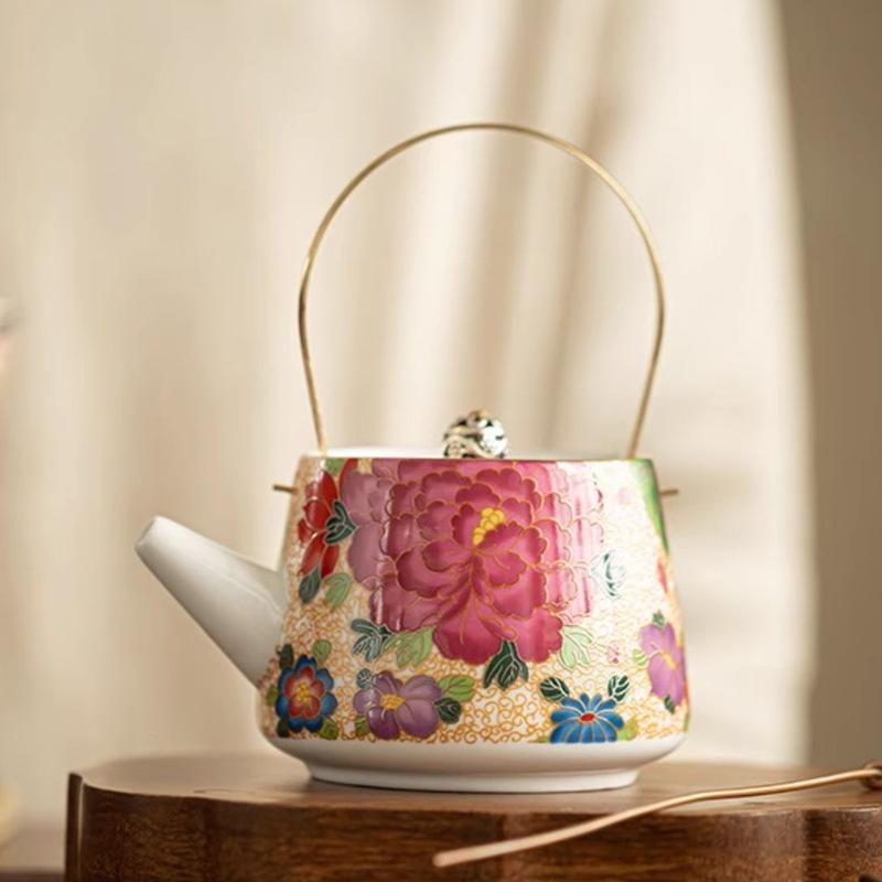 Enamel colored gold silk peony beam pot household kung fu tea set single pot Chinese high-end tea ware brewing teapot