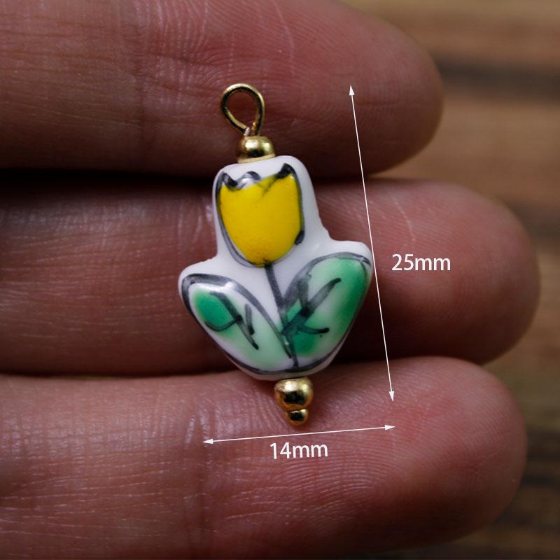 2Pcs Painted Handmade Ceramic Pendants Stainless Steel Eye Pin Tulip/Animal Charms for DIY Necklace Earrings Jewelry Accessories