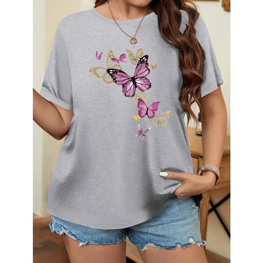 Butterfly Floral Print Women T-Shirt Summer Casual Short Sleeve Crewneck Tops Oversized Boho Flower Graphic Tee Summer Tops