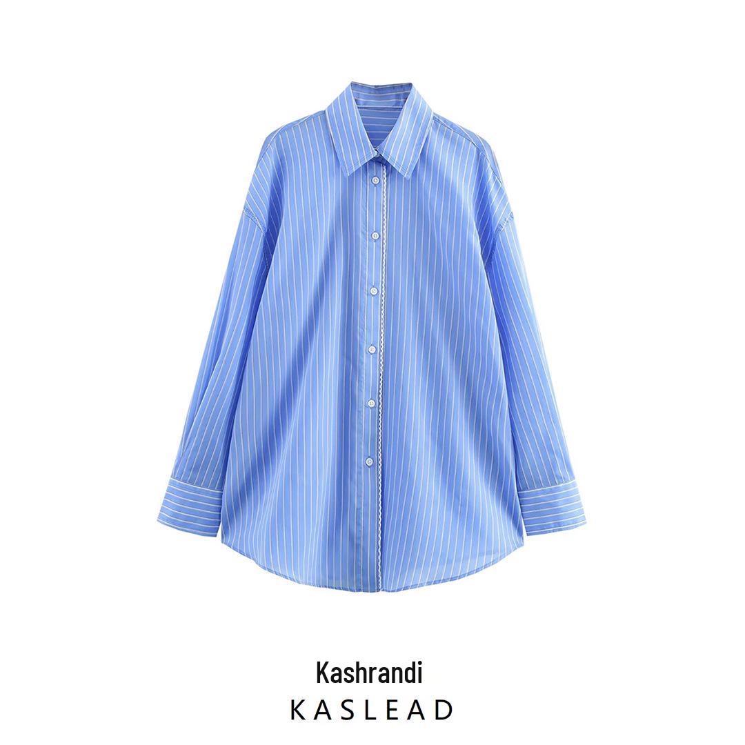 

2025 Spring Women s Striped Poplin Long Sleeve Shirt - European & American Fashion Large синій