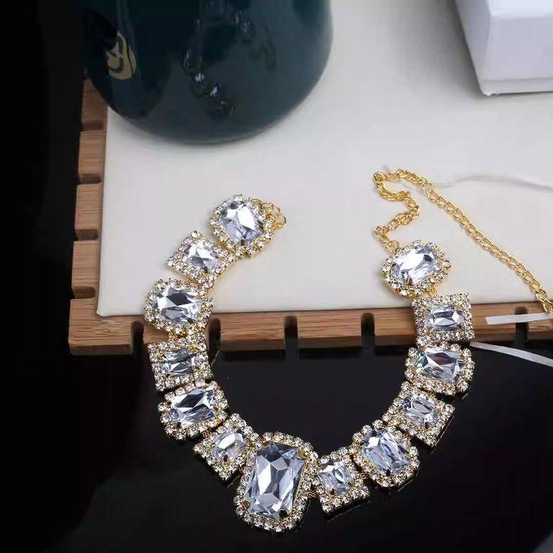 Fashion Style High-Key Dignified Super Flash Rhinestone-Encrusted Earrings Female Minimalist Fashion Rectangular Section Eardrop Necklace Suit