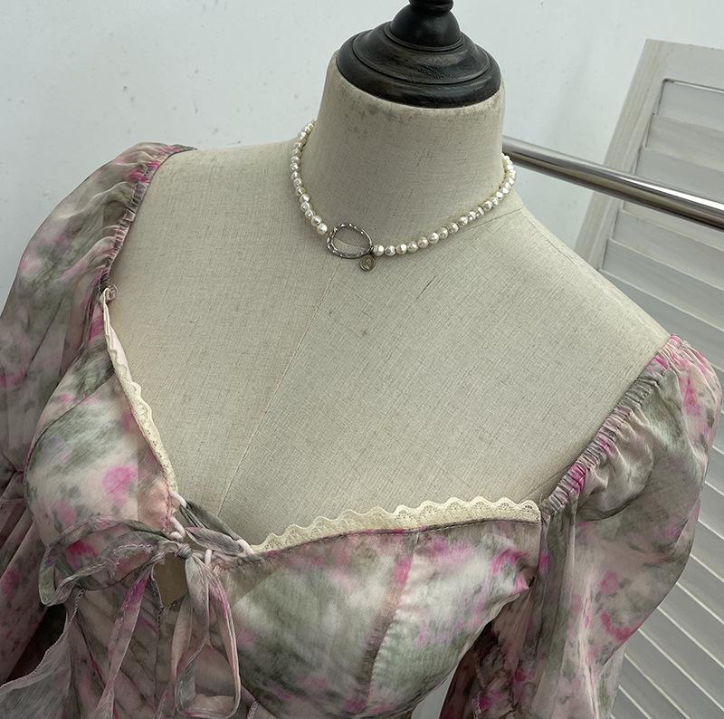 One-Shoulder Floral Print Bustier with Bell Sleeves and Lace-Up Back