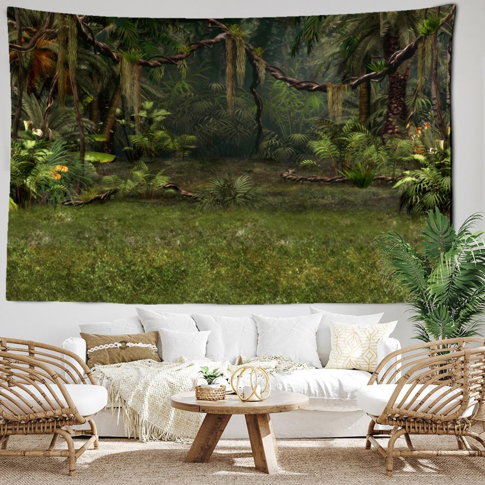 Tropical Green Forest Landscape Tapestry Wall Hanging Psychedelic Witchcraft Mysterious Natural Scenery Aesthetic Room Decor
