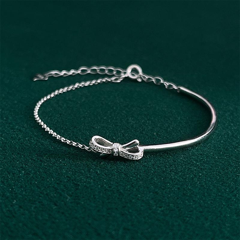 925 Silver Bow Bracelet Shiny Zircon Christmas Gift for Women Party Jewelry Elegant Birthday Present