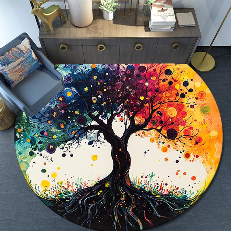 Colorful Tree Round Area Rug,Carpet Rug for Living Room Bedroom Sofa Playroom Decor,Non-slip Floor Mat
