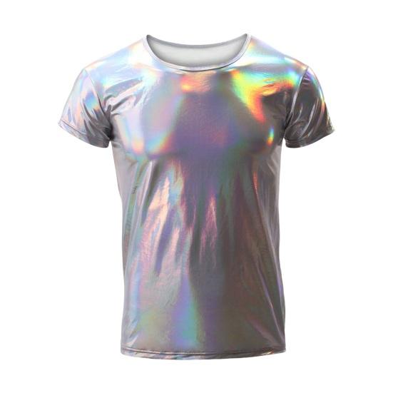 

Мужская футболка с глянцевой поверхностью, бронзовая посадка, круглый вырез, однотонный тонкий пуловер с короткими рукавами, вечерние, клубные, танцевальные M