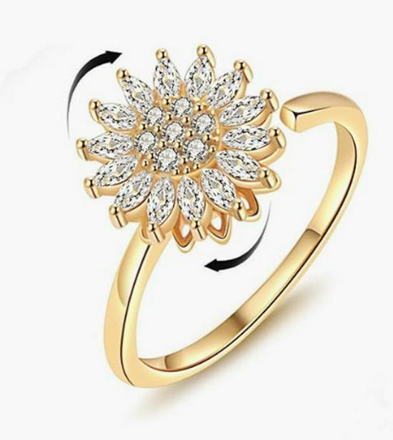 Sunflower Zirconia Jewelry Set: Rotatable Ring, Bracelet, Clavicle Chain, Rhinestone Necklace, and Earrings Gold Red