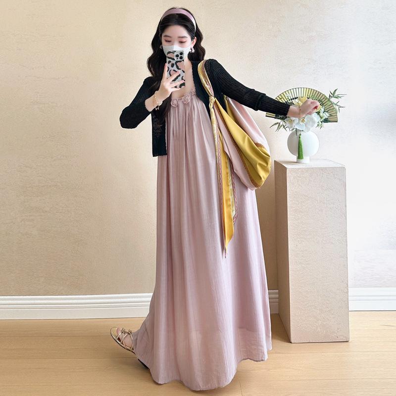 2026 Korean Style Maternity Chiffon Camisole Dress & Sun Protection Top Set M