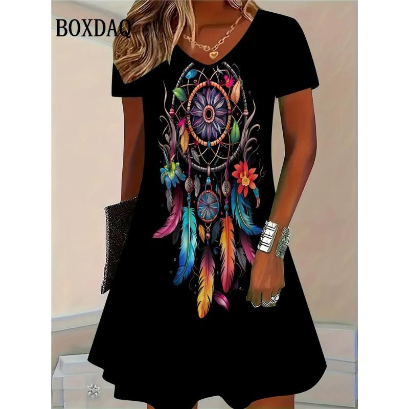 Summer 3D Print Dresses Women Fashion Pullover Short Sleeve V-Neck Dress Casual Retro Flowers Loose Plus Size Female Clothing