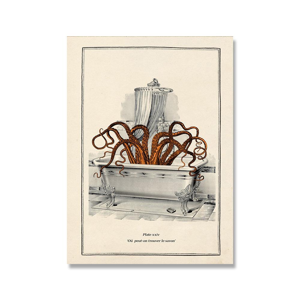 Lustige Badezimmer Toilette Dekoration Leinwand Malerei Tier Badewanne Poster Bär Krake Pinguin Schimpanse Retro Wand Bild Kunst