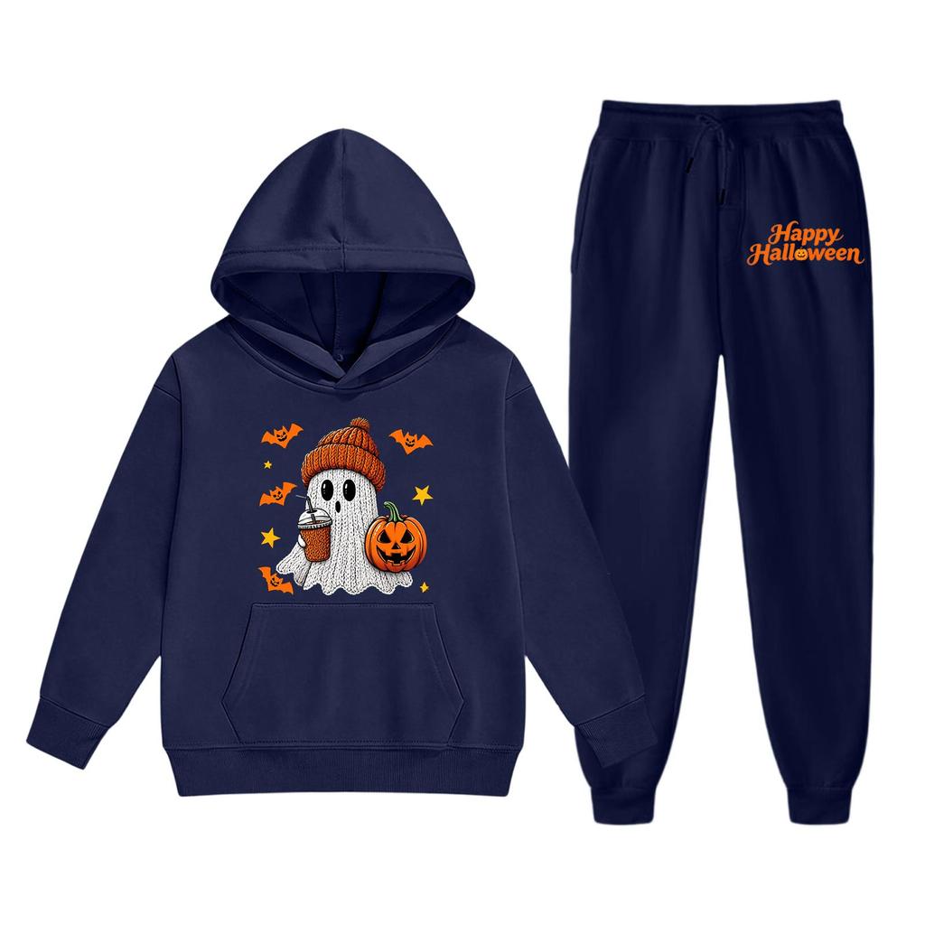 Kids Halloween Hoodie Set Ghost Pumpkin Print Long Sleeve Pullover Sweatshirt with Hood and Matching Pants Casual Outfit for Boys and Girls