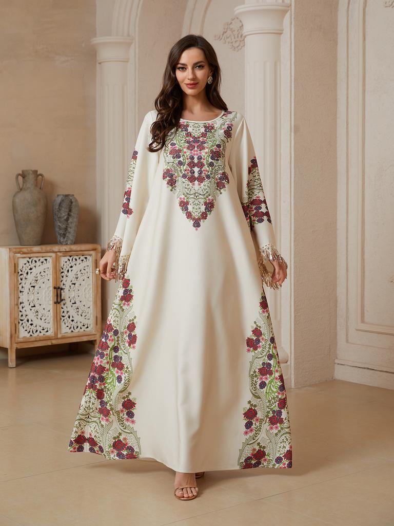 Womens Ethnic Floral Embroidered Maxi Dress Long Sleeves Crew Neck Fringe Detail Resort Wear Abaya