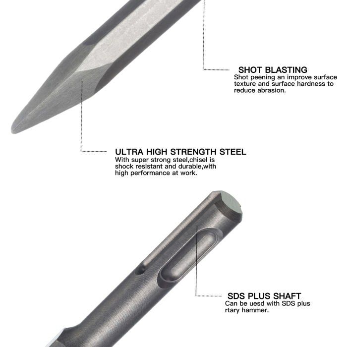 Burineur - hpmaison - lot de 3 burins sds-plus - acier trempé - changement rapide - démolition précise