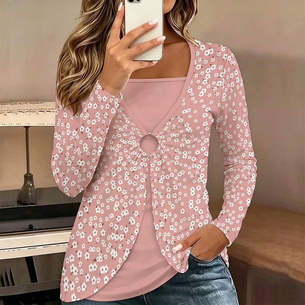 Tops for Women Flower Print Long Sleeve Fake Two‑Piece Top Fall Casual Slim Pullover Women's Long Sleeve Top