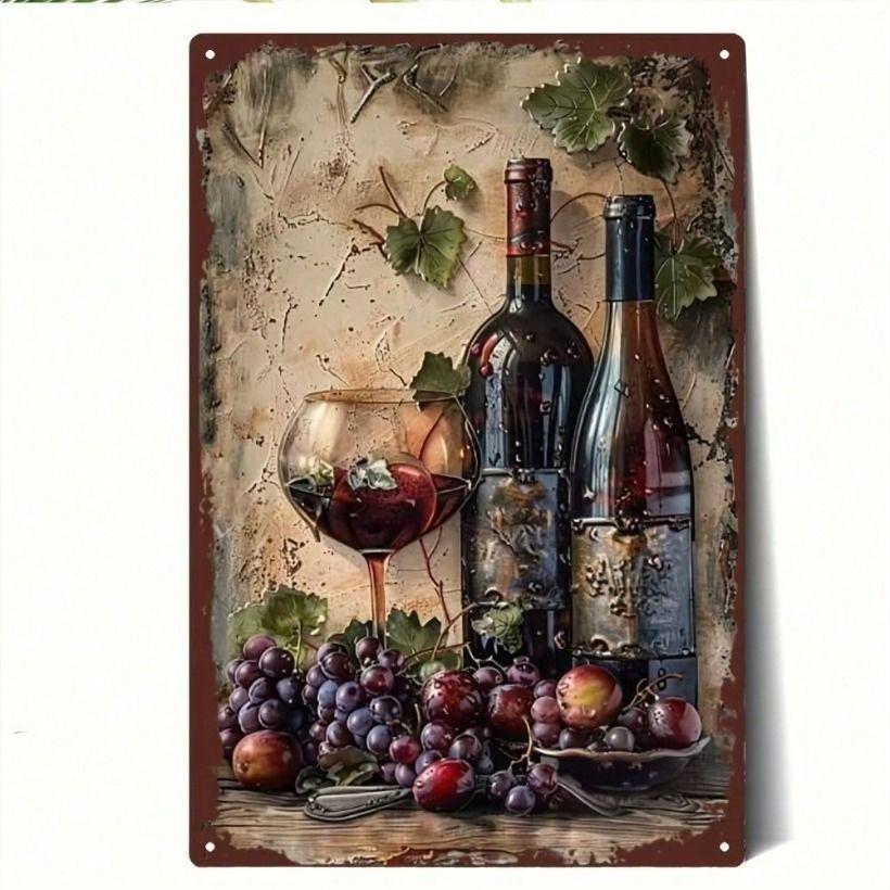 Metal Wall Art Vintage Wine Grape Poster Kitchen Decor Green Leaf 20x30cm
