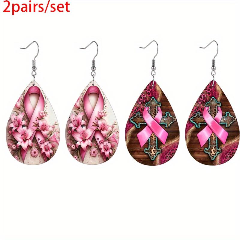 Pink Bow Flower Pattern Print PU Leather Earrings, Leopard Cross Bow Pattern Tears Earrings, Holiday Earrings & Gifts