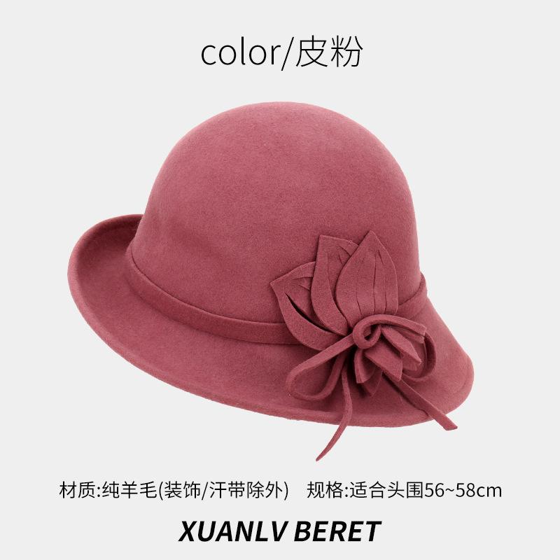 Autumn and winter upturned flower woolen hat lady elegant retro British style shopping hat wide-brimmed hat