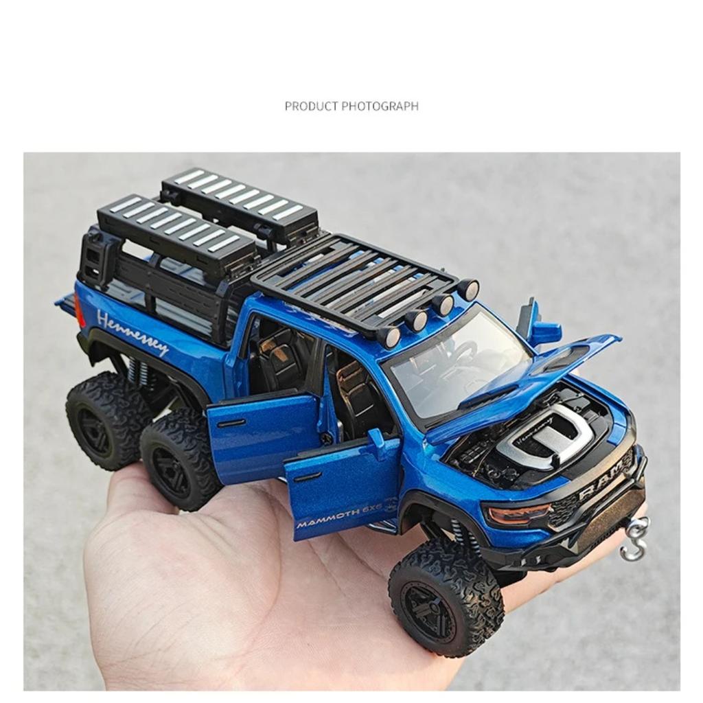 1/32 Dodge RAM 1500 TRX 6X6 Tyrannosaurus Rex Picku Alloy Car Model Sound and Light Children's Toy Collectibles Birthday Gift