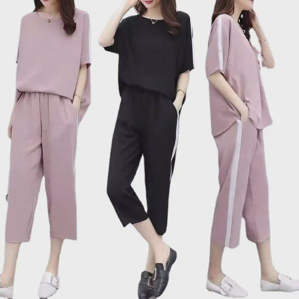2023 Plus Size Korean Summer Two-Piece Set: Loose Fit & Casual Wide-Leg Pants for Women