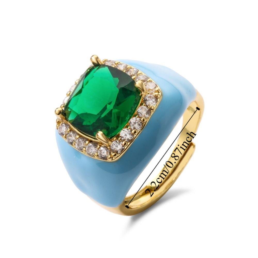 Gold Plated Zircon Open Ring Multicolor Geometric Square Ring Enamel Dripping Oil Ring  For Women