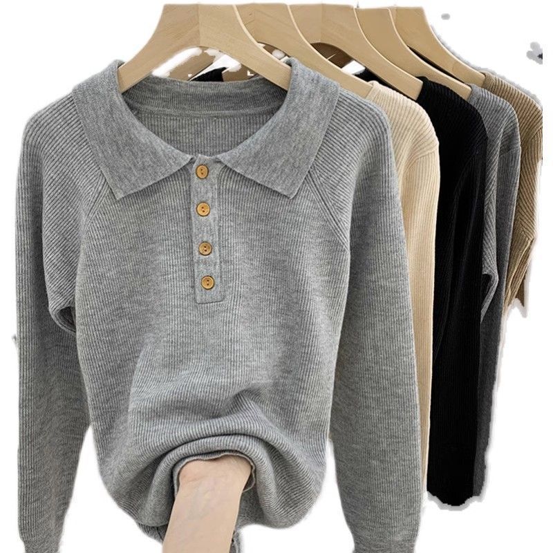 Retro Polo Collar Sweater for Women Autumn Winter New Pullover Soft Casual Sense Sweater Female