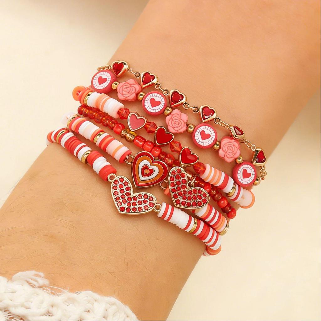 Valentine's Day Heart Beaded Bracelet Set: Women's Fashion Jewelry with Polymer Clay, Peach Heart, and Red Tones Elastic Design