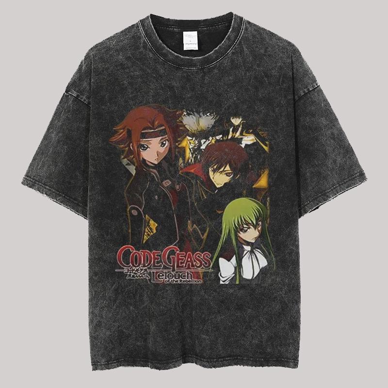Vintage Washed Men's T Shirts Code Geass Anime Printed Clothes Casual Men's Clothing Women's T Shirt