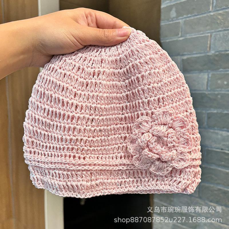Spring Flower Baotou Hat Spice Girl Hollow Breathable Cool Handmade Knitted Sleeve Cold Hat Sequined Wool Hat