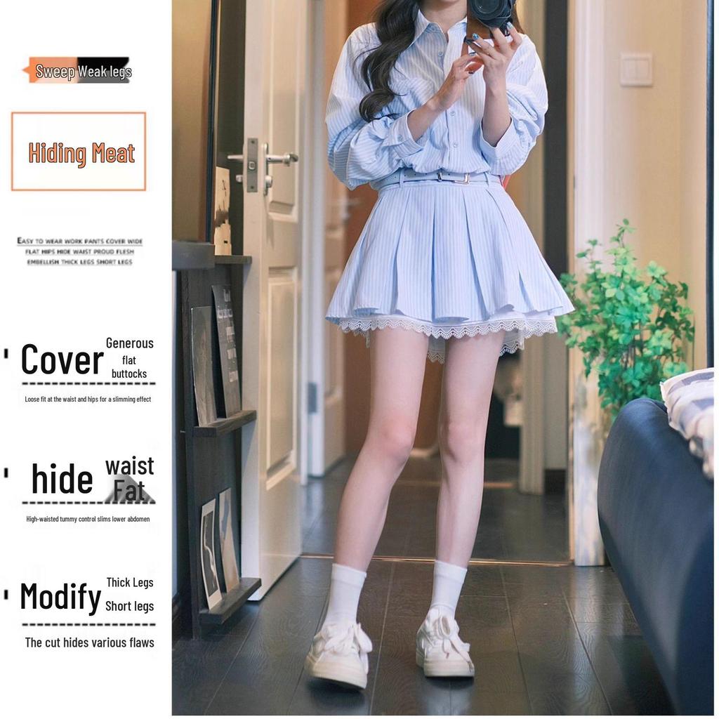 Slimming Petite Lace Trim Striped Skirt - Women's Autumn Anti-Exposure Short Skirt