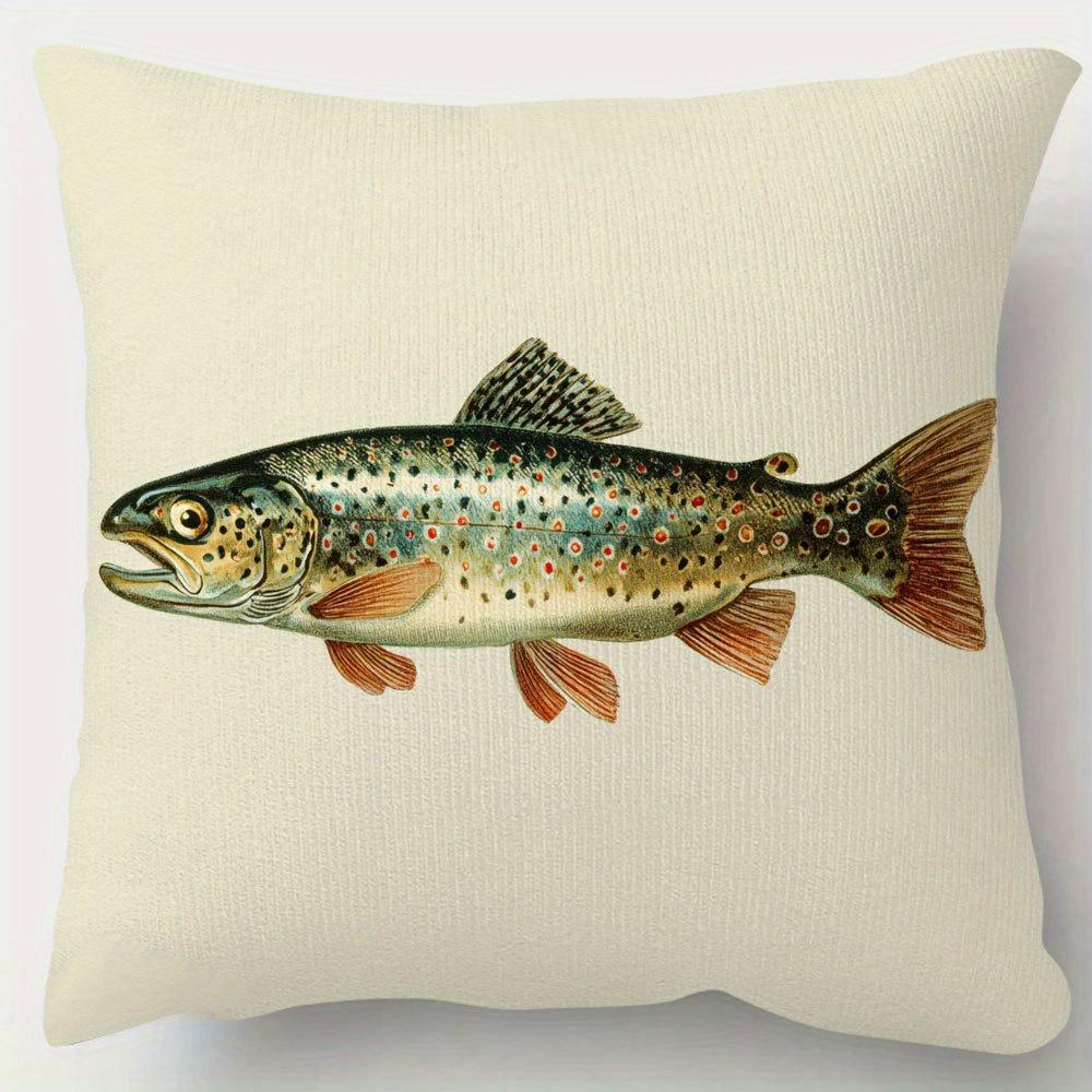 1pc Vintage Trout Pillowcase - Short Plush Decorative Pillow Cover with Zipper Closure, Soft and Smooth Polyester Short Pile Fabric, Single-Sided Prin