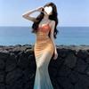 Atmosphere Long Dress Vacation Sunset Island Sense Mesh Suspender Holiday Beautiful Vacation Wind Tie Dye Dopamine Gradual Change Color