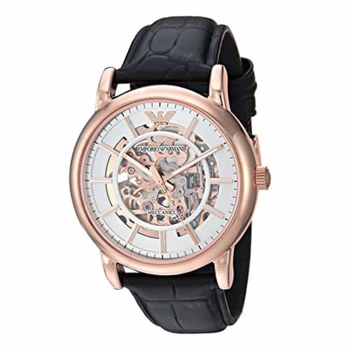 Emporio Armani Men's Meccanico Automatic Mechanical Skeleton Watch, Retro Style, Black with Natural Leather Strap, AR60007