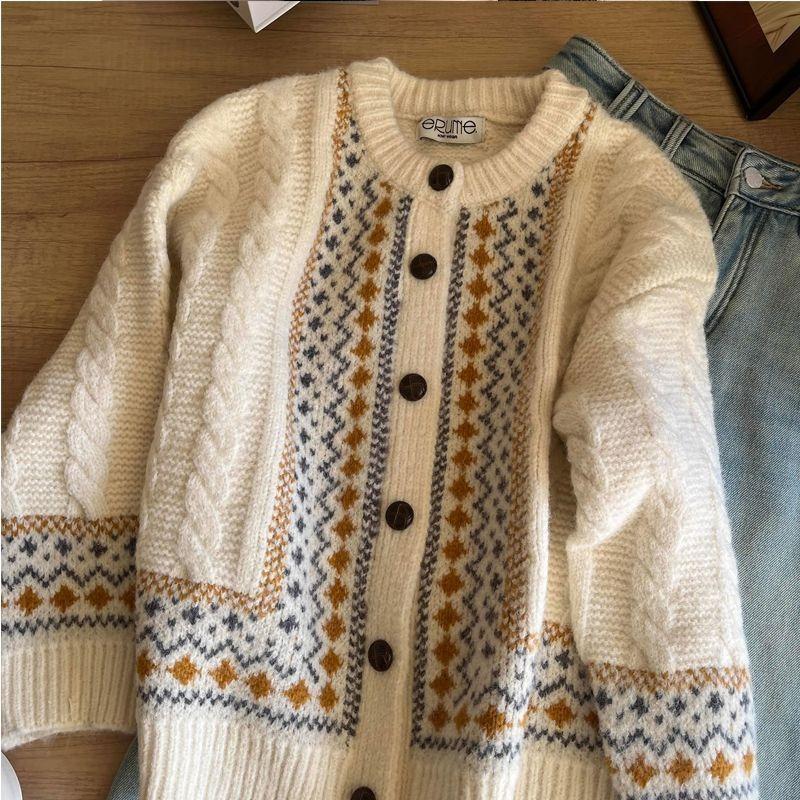 

Новый полосатый женский кардиган в этническом стиле, с круглым вырезом, плотный вязаный свитер, осенняя уличная мода, женская мода, повседневный топ XL бежевый