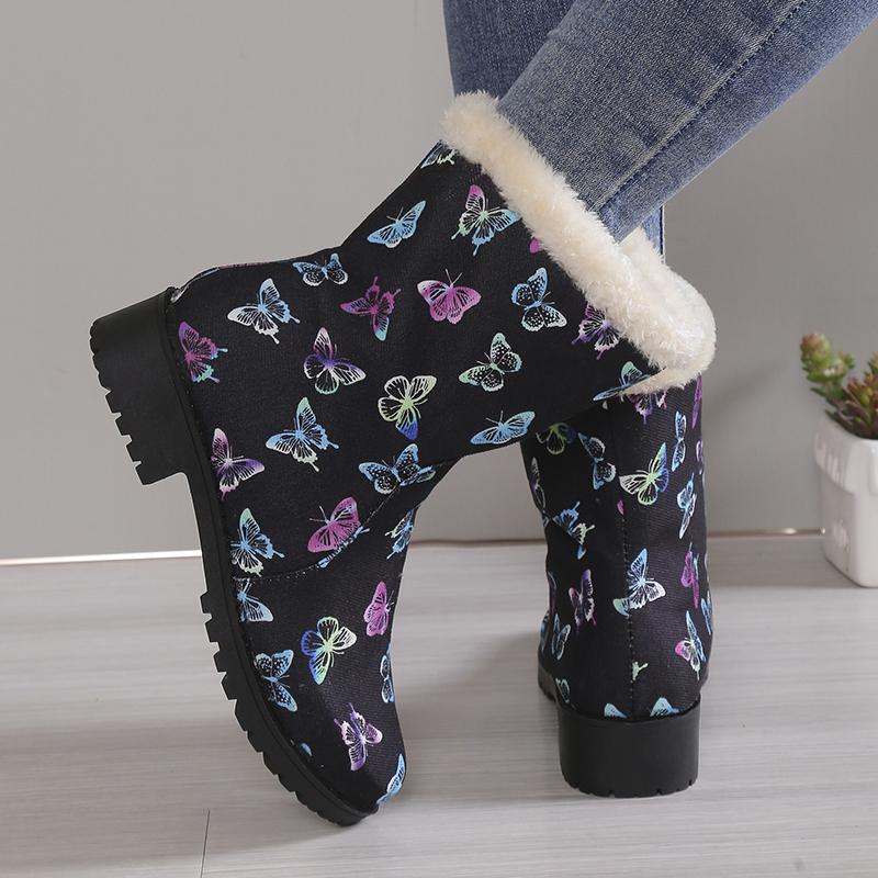 Women Snow Boots Winter Warm Shoes Platform Round Toe Shoes Butterfly Print Womens Ankle Botas Size 36-43