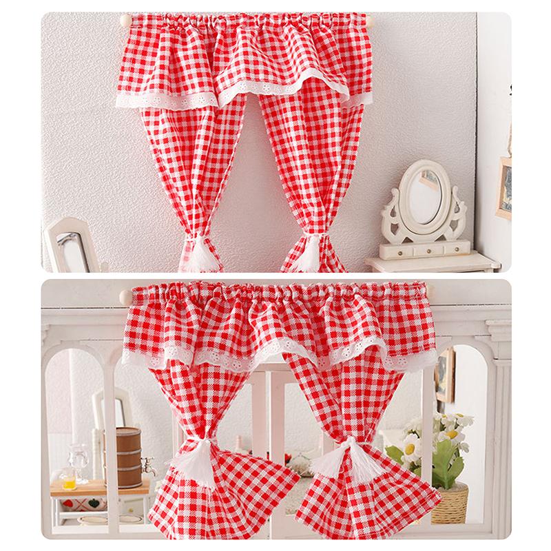 1/12 Dollhouse Mini Plaid Curtains Door Curtain Doll Home Furniture Decoration Dolls House Living Scene Decor Accessories