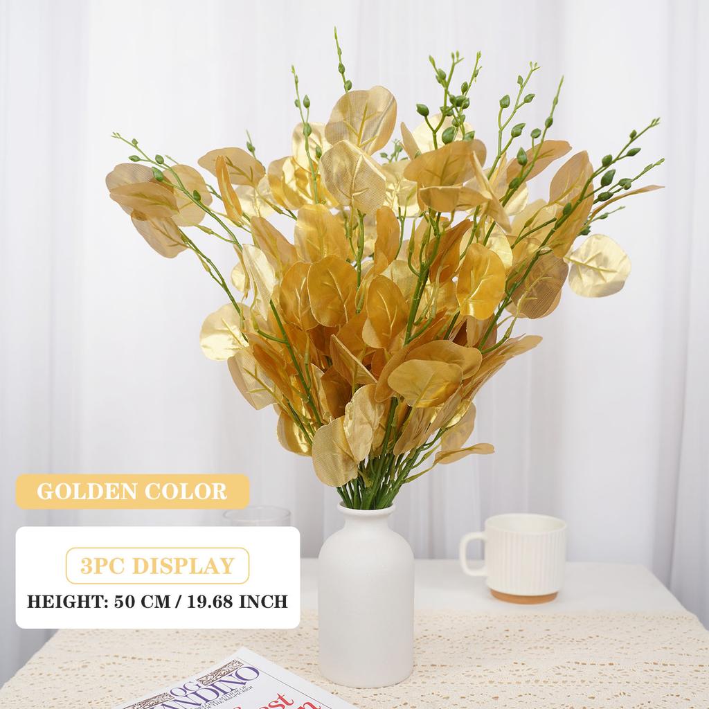 Gold Artificial Eucalyptus Leaves Bouquet Autumn Decoration Fake Plants for Wedding Birthday Party Home Decoration