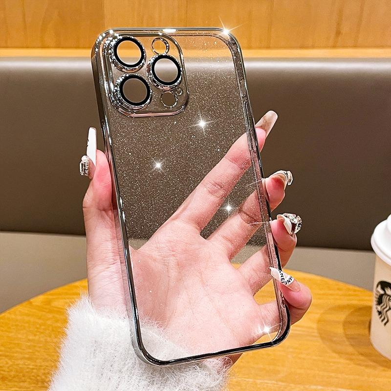 Luxury Transparent Bling Glitter Plating Phone Case For iPhone 16 Pro Max 15 14 13 12 11 Plus PC Hard Plastic Shockproof Cover