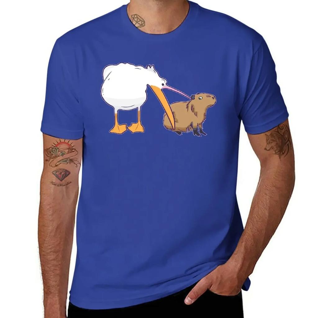 Pelican Tries to Eat Capybara Funny Cute Meme T-Shirt korean fashion blacks for a boy Men's t-shirt