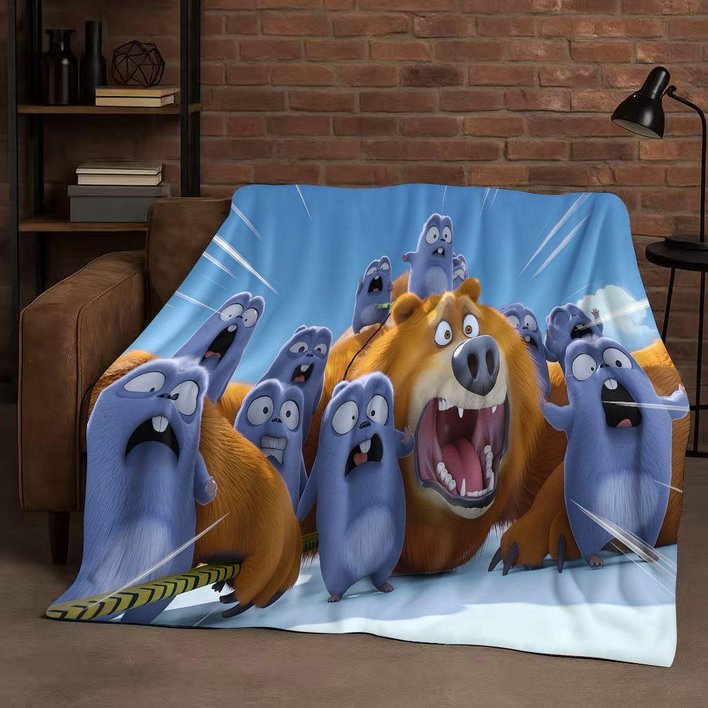 Kawaii Grizzy and The Lemmings Cartoon Flannel Blanket,Ultra Soft Warm Plush Throw for Home Bedroom Bed Sofa Cover Kids Gift