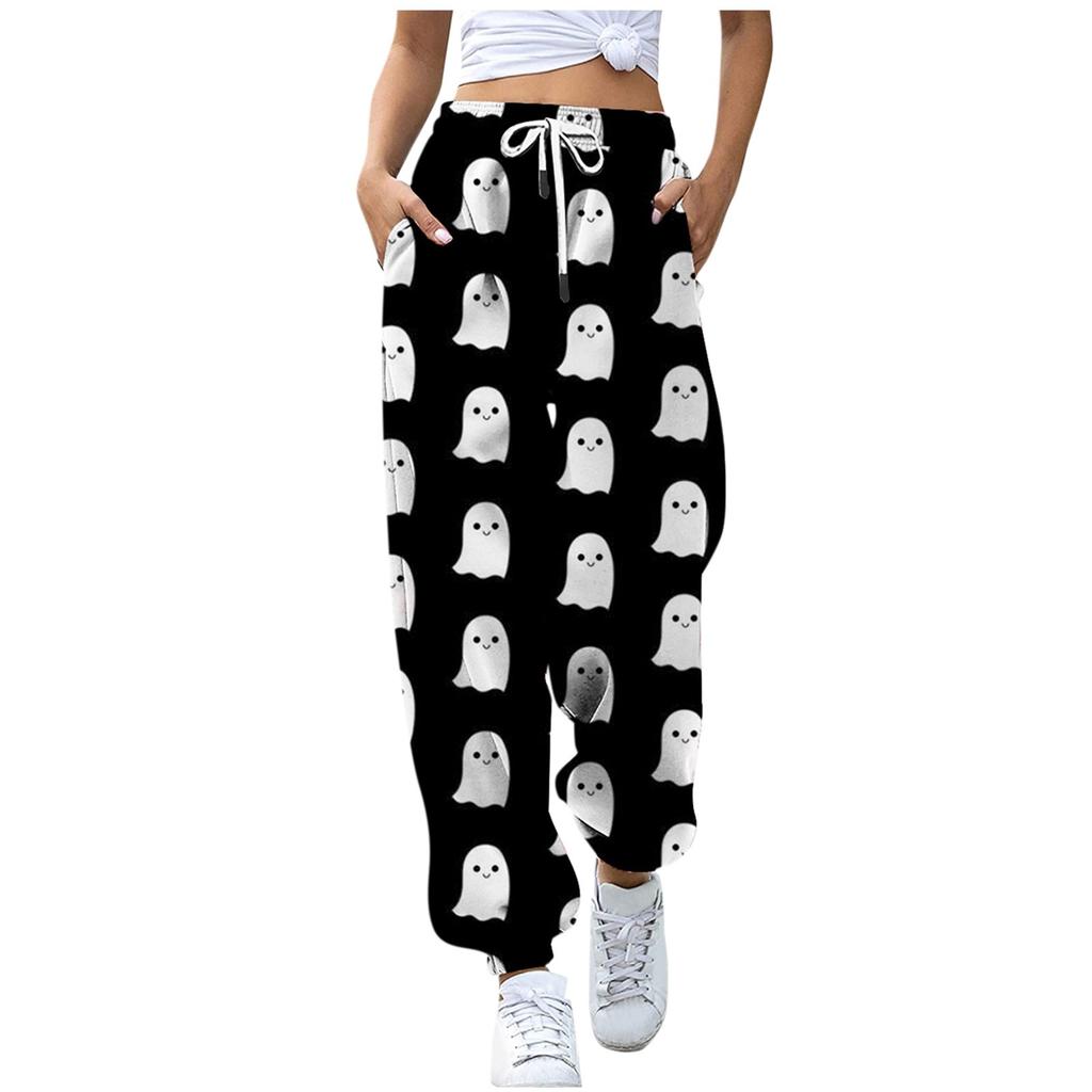Uformelle bukser med halloweentrykk for kvinner Snøring Elastisk midje Snøringsbukser med lommer