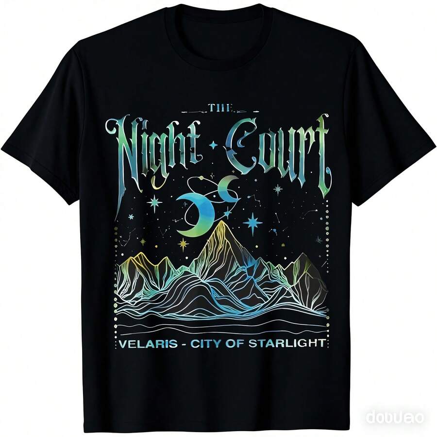 

Womens Night Court Starlit Mountains Print ShortSleeve TShirt Casual Crew Neck Top With Durable S