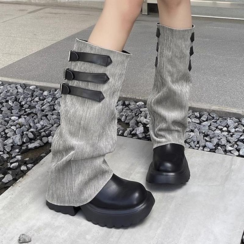 Belt Buckle Canvas Patchwork Knee Boots Women 2025 Autumn Punk Chunky Platform High Heel Botas Y2K Thick Bottom Boots