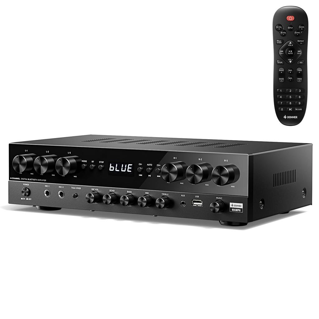 Donner Power Premium 1000W Peak Power 6 Channel Audio Amplifier with Bluetooth 2 for Theater MAMP6 Amplifier, 5.3, USB, FM, Mic-in, Echo, RCA,