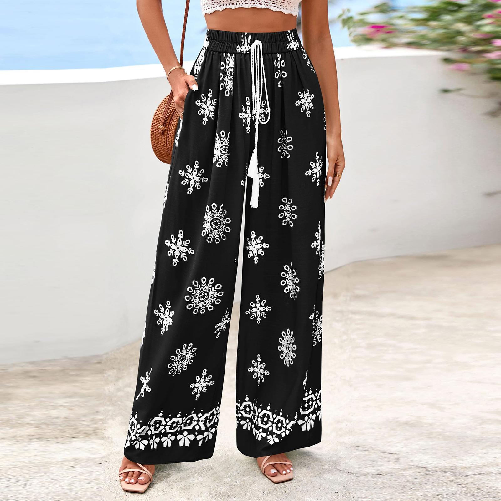 Женские широкие повседневные струящиеся брюки в цветочек L