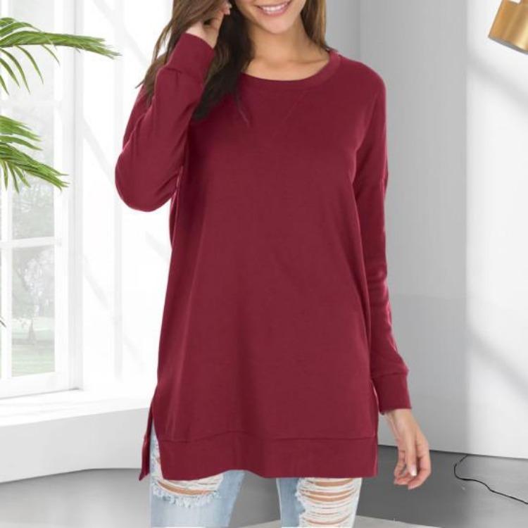 Long Sleeve Round Neck Pullover Tops for Women with Side Split Hem