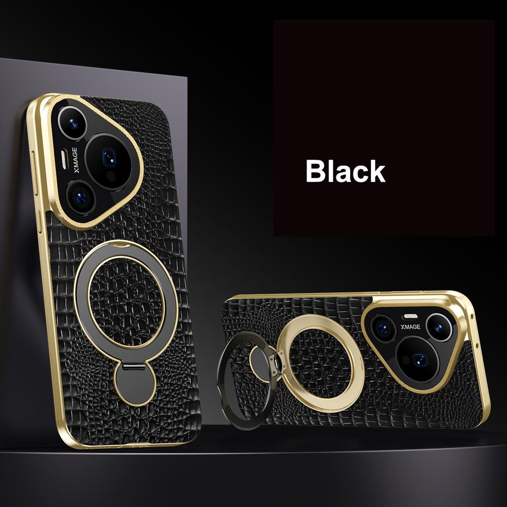 Lizard Pattern Genuine Leather Case For Huawei Pura 70 Pro Plus 360° Rotation Metal Bracket Electroplate Cover Shell