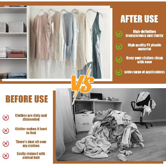 20 Clear Plastic Garment Bags for Clothes, Hanging Clothes Storage - Travel Size, 60x90cm